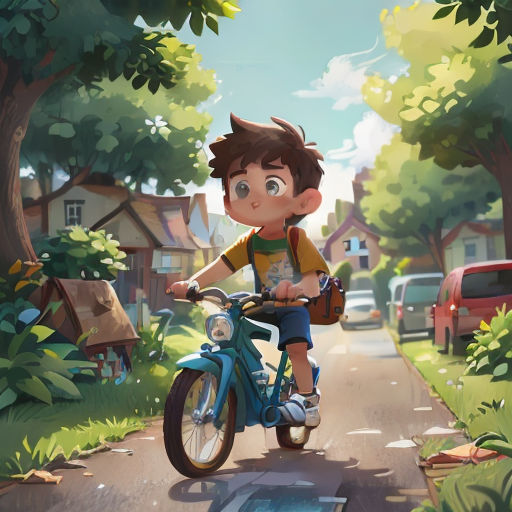a boy riding a bike down a street next to a forest and houses on a sunny day with a dog