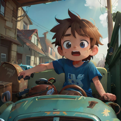 a boy riding on the back of a green car in a cartoon style scene with a boy in the back of a green car