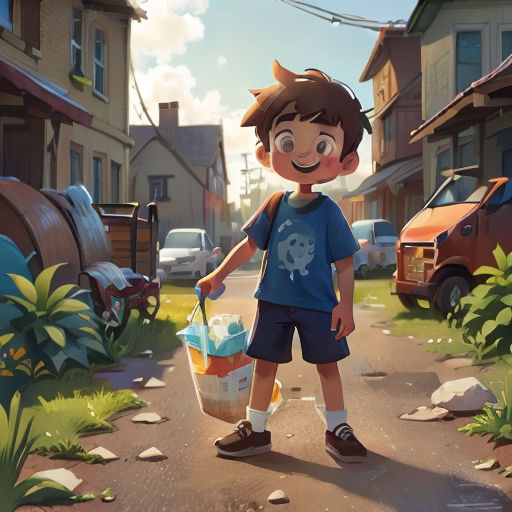 a boy holding a bucket and a plastic bag in a cartoon style, standing on a street with a house in the background