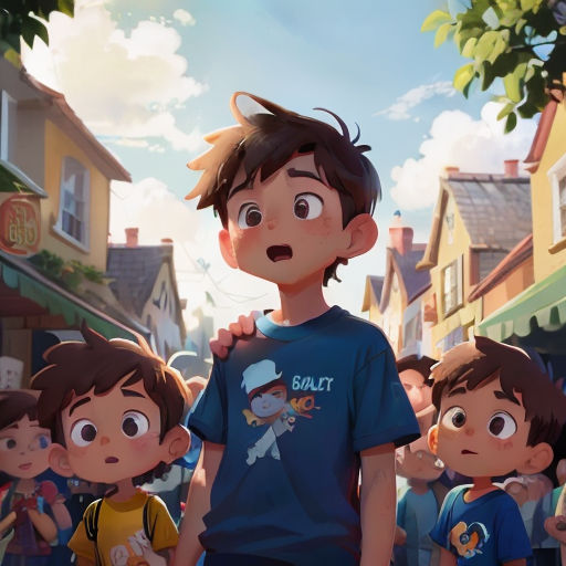 a boy standing in front of a group of children in a cartoon style scene with a sky background and a building