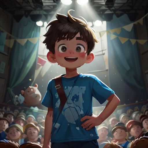 a boy standing in front of a crowd of people in a theater with a microphone in his hand and a microphone in his other hand