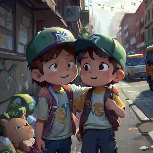 two children standing on a street corner with a bus in the background and a city street with cars and buildings