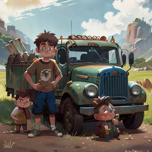 a man and two children standing in front of a truck with a mountain in the background and a sky with clouds