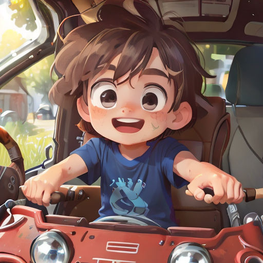 a boy is driving a car with a steering wheel and a stick in his hand and a dog is sitting in the driver's seat