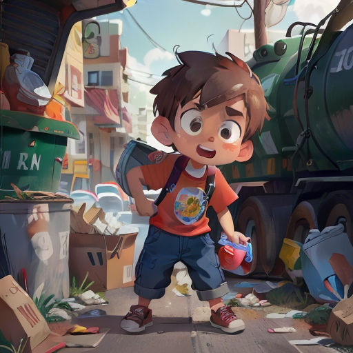 a boy standing on a street next to garbage cans and a truck with a boy holding a can of paint