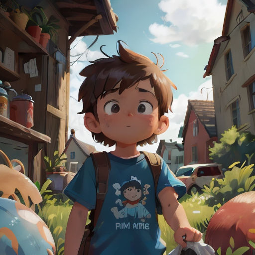 a boy with a backpack is standing in a village with a backpack on his shoulder and a backpack on his shoulder