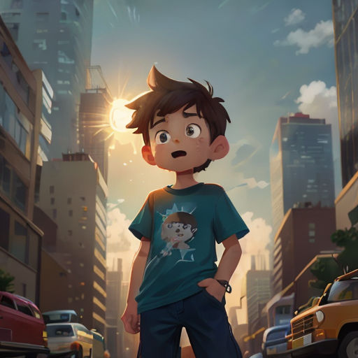 a boy standing in the middle of a city street with a sun in the background and a cityscape in the foreground