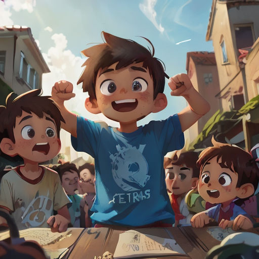 a boy is standing in front of a group of children in a cartoon style, with his arms up