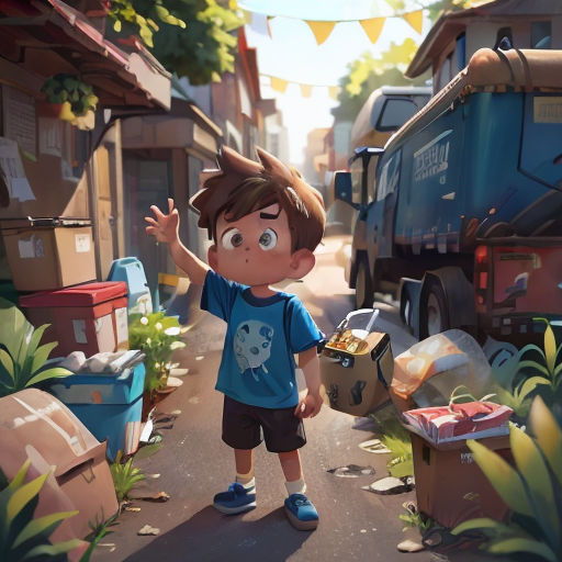 a boy standing on a street with a garbage truck in the background and a garbage truck in the foreground