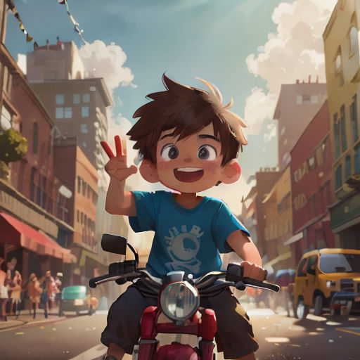 a boy riding a motorcycle on a city street with a sky background and a sky background with clouds and buildings