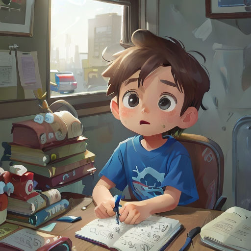 a boy sitting at a desk with a book and pen in his hand and a pile of books on the desk
