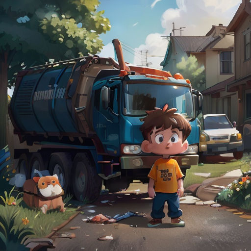 a boy standing in front of a garbage truck in a neighborhood with a dog and a cat nearby on the street