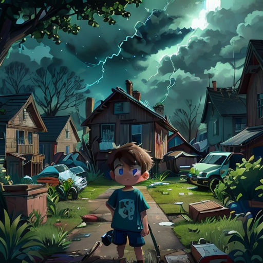 a boy standing in a neighborhood with a lightning in the background and a house in the foreground with a lightning bolt in the sky