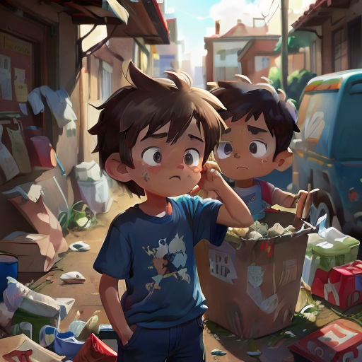 two young boys standing in a messy street with boxes and boxes on the ground and a truck in the background