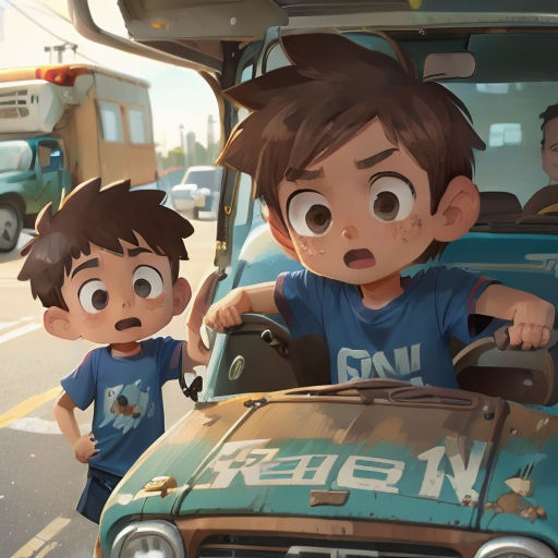two children are standing in front of a truck with a man in the back of it and another boy in the front of the truck