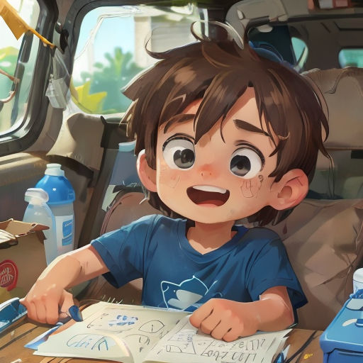 a boy sitting at a table with a book and a cup of coffee in front of him and a box of water