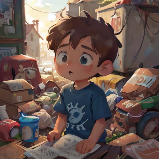 a boy is sitting on a pile of junk and looking at a book in front of him is a pile of junk