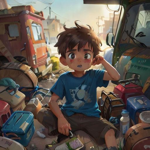 a boy sitting on the ground with a lot of luggage in front of him and a truck in the background
