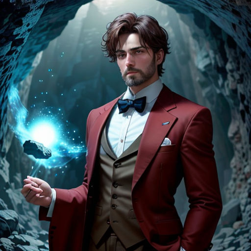a man in a red suit holding a blue ball in his hand and a black object in his hand