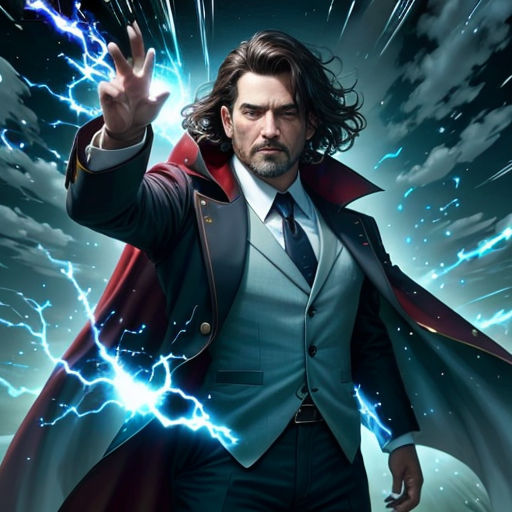 a man in a suit and tie holding a cell phone in his hand with lightning coming out of his coat