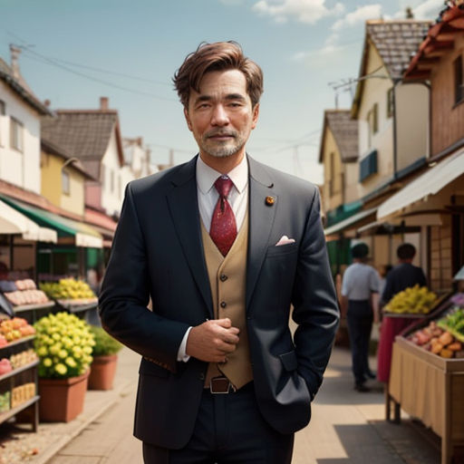 a man in a suit and tie standing in a market area with a variety of produce on display behind him