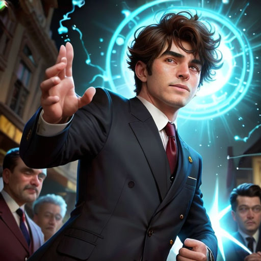 a man in a suit and tie standing in front of a clock with his hands up in the air