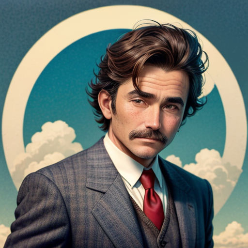 a man with a mustache and a suit on a blue background with clouds and a circle in the background