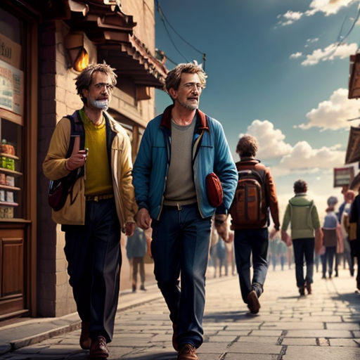 a group of men walking down a street next to a building with a sky background and clouds in the sky