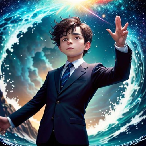 a painting of a boy in a suit and tie holding his hands up in front of a planet with stars