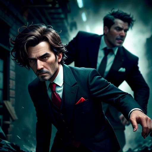 a man in a suit and tie holding a gun in his hand and another man in a suit and tie behind him