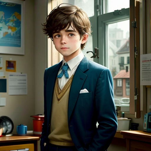 a young boy in a suit and tie standing in front of a window in a room with a desk and a clock