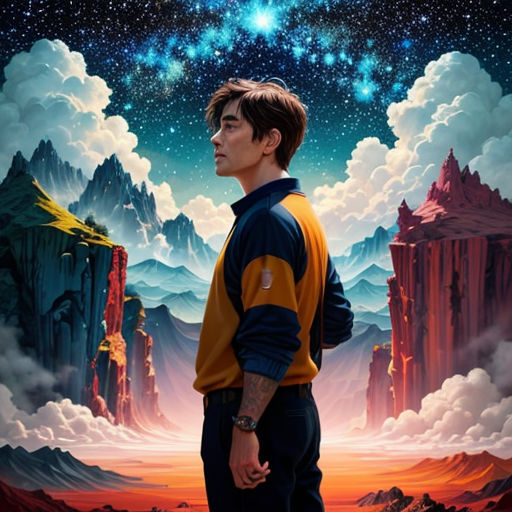 a man standing in front of a painting of mountains and stars in the sky with a sky background that has a mountain range and a star in the sky