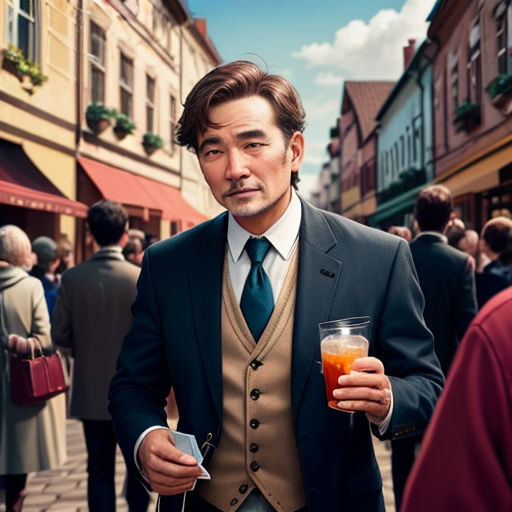 a man in a suit and tie holding a drink in a street with people walking around him and a woman in a red dress