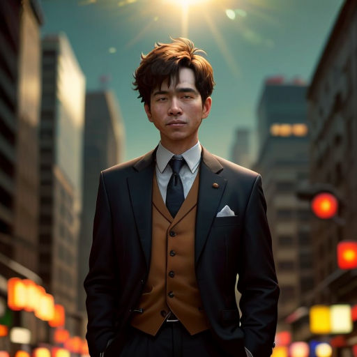 a man in a suit standing in the middle of a street at night with a bright light in the background