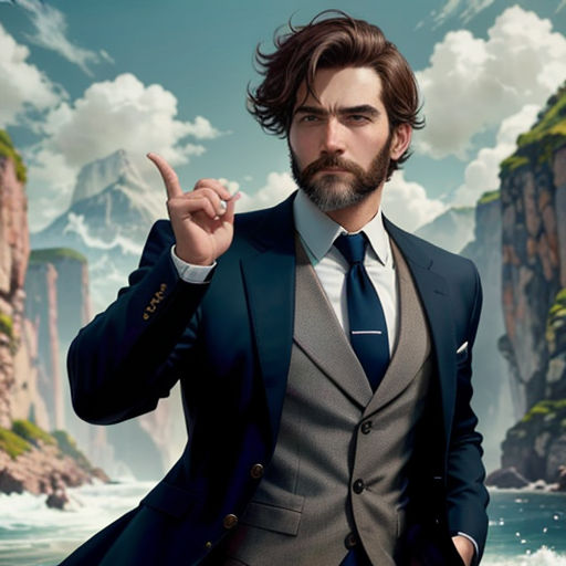 a man in a suit pointing to the side with a mountain in the background and a body of water in the foreground