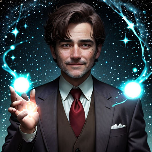 a man in a suit holding a glowing ball in his hand and a star in the background with a circle of stars