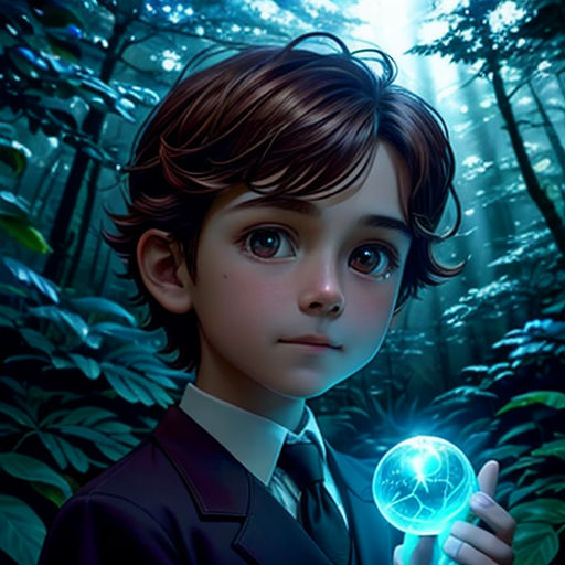 a boy holding a glowing orb in a forest with trees and bushes in the background, with a glowing orb in his hand