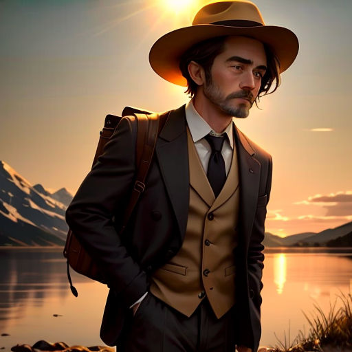 a man in a suit and hat standing next to a lake at sunset with a backpack on his back