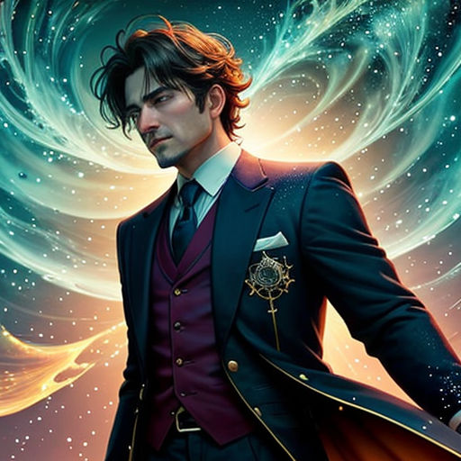 a man in a suit and tie standing in front of a painting of a swirling swirl and a star