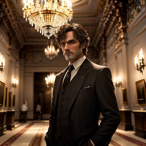 a man in a suit standing in a room with chandeliers and a chandelier hanging from the ceiling