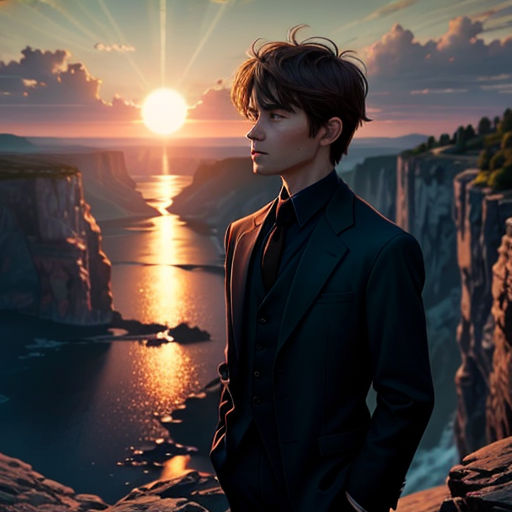 a man in a suit standing on a cliff overlooking a body of water at sunset with the sun setting