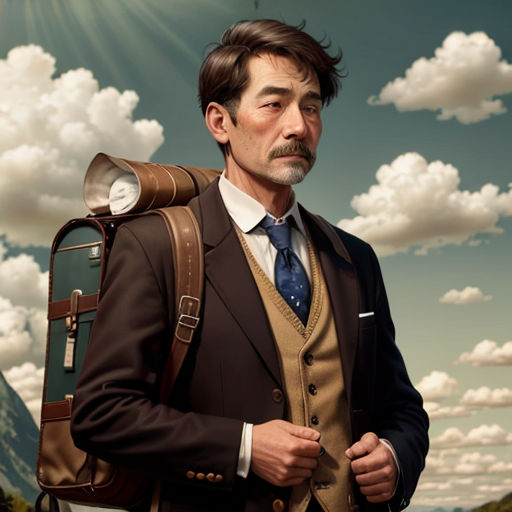 a man with a backpack on his back standing in front of a mountain range with clouds and sun shining