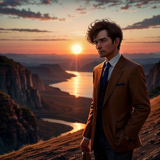 a man in a suit standing on a hill at sunset with a view of the ocean and mountains behind him