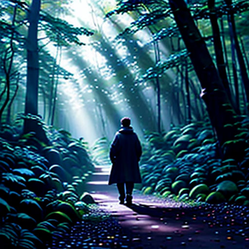 a person walking down a path in the woods with bright lights coming from the trees on either side of the path