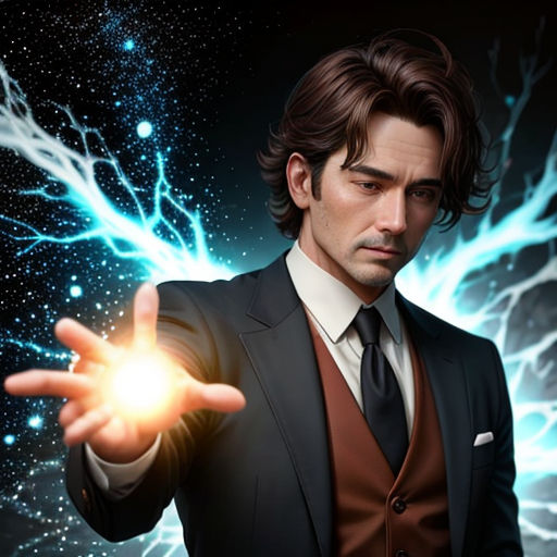 a man in a suit holding a glowing ball in his hand with a lightning background behind him and a black background