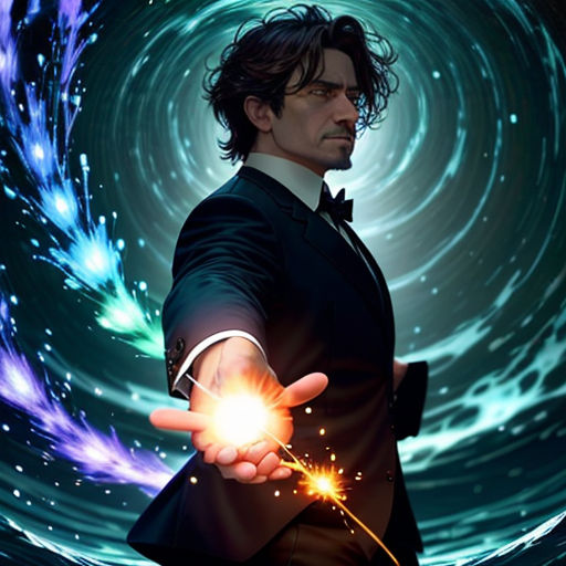 a man in a suit holding a sparkler in his hand with a vortex in the background of him