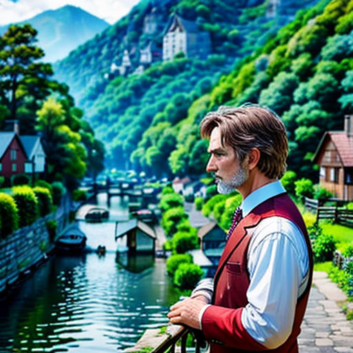 a man standing on a bridge looking at a river and houses in the background with mountains in the distance
