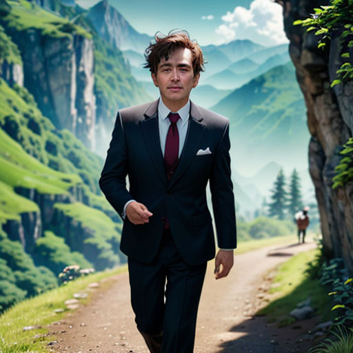 a man in a suit walking down a dirt road in the mountains with a mountain background and a man in a suit