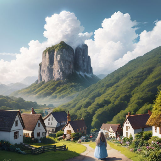 a woman walking down a road in front of a mountain range with houses and a house on it's side