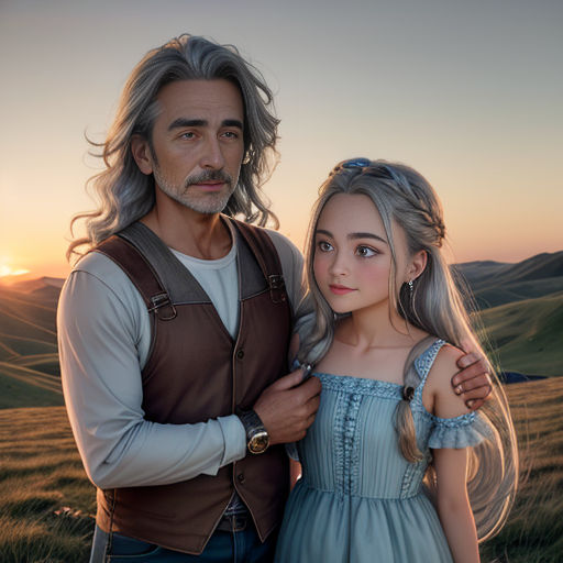 a man and a girl standing in a field at sunset with a mountain in the background and a sky in the background